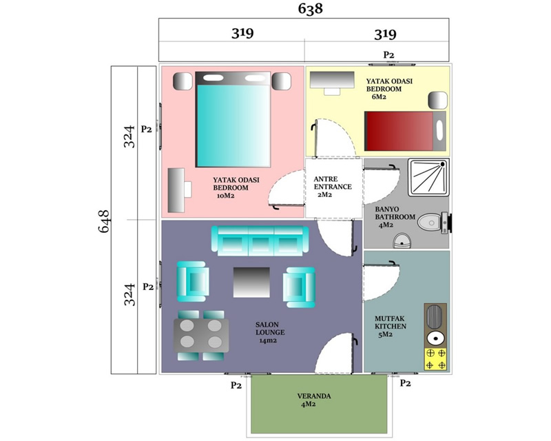 45 m<sup>2</sup> Tek Katlı Prefabrik Ev