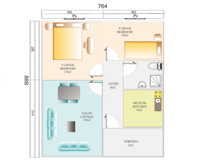 68 m<sup>2</sup> Tek Katlı Prefabrik Ev